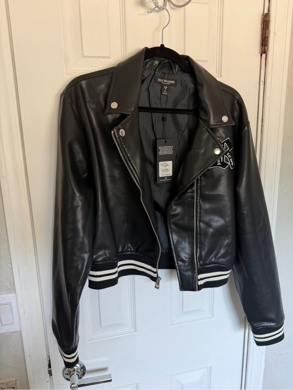 True Religion Black Leather Bomber Jacket with White Logo Patch